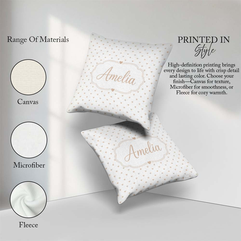 Custom Name Tiny Beige Heart Polka Dot Minimal Seamless Pattern Square Filled Cushion Throw Pillow Sofa Bed Home Decor Zip Washable UK Made