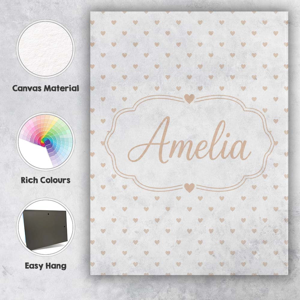 Personalised Name Tiny Beige Heart Polka Custom Unique Gift Idea Elegant Feature Canvas Wall Art Print Decor Picture Ready to Hang