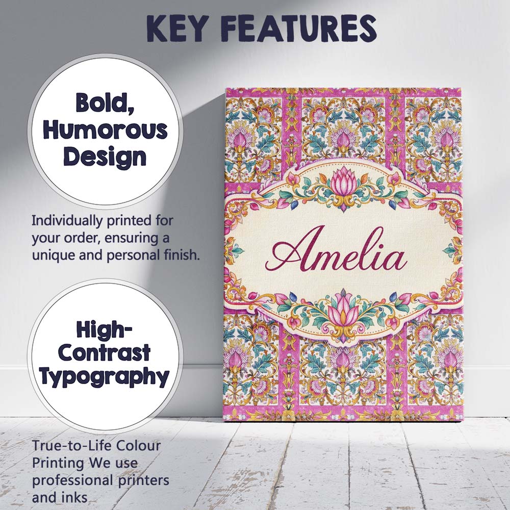 Personalised Name Ornate Pink Gold Baroque Floral Tile Pattern Custom Modern Room Accent Canvas Wall Art Print Decor Picture Ready to Hang