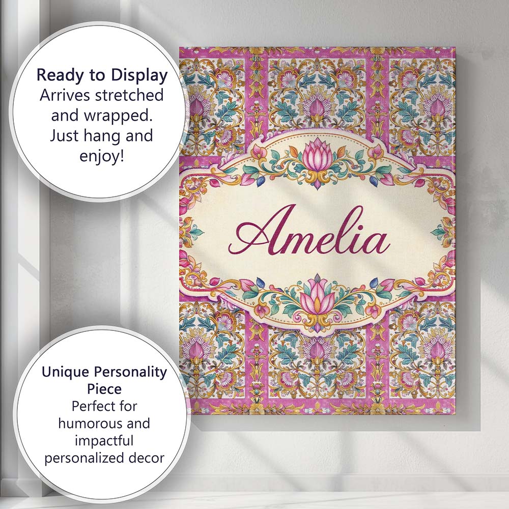 Personalised Name Ornate Pink Gold Baroque Floral Tile Pattern Custom Modern Room Accent Canvas Wall Art Print Decor Picture Ready to Hang