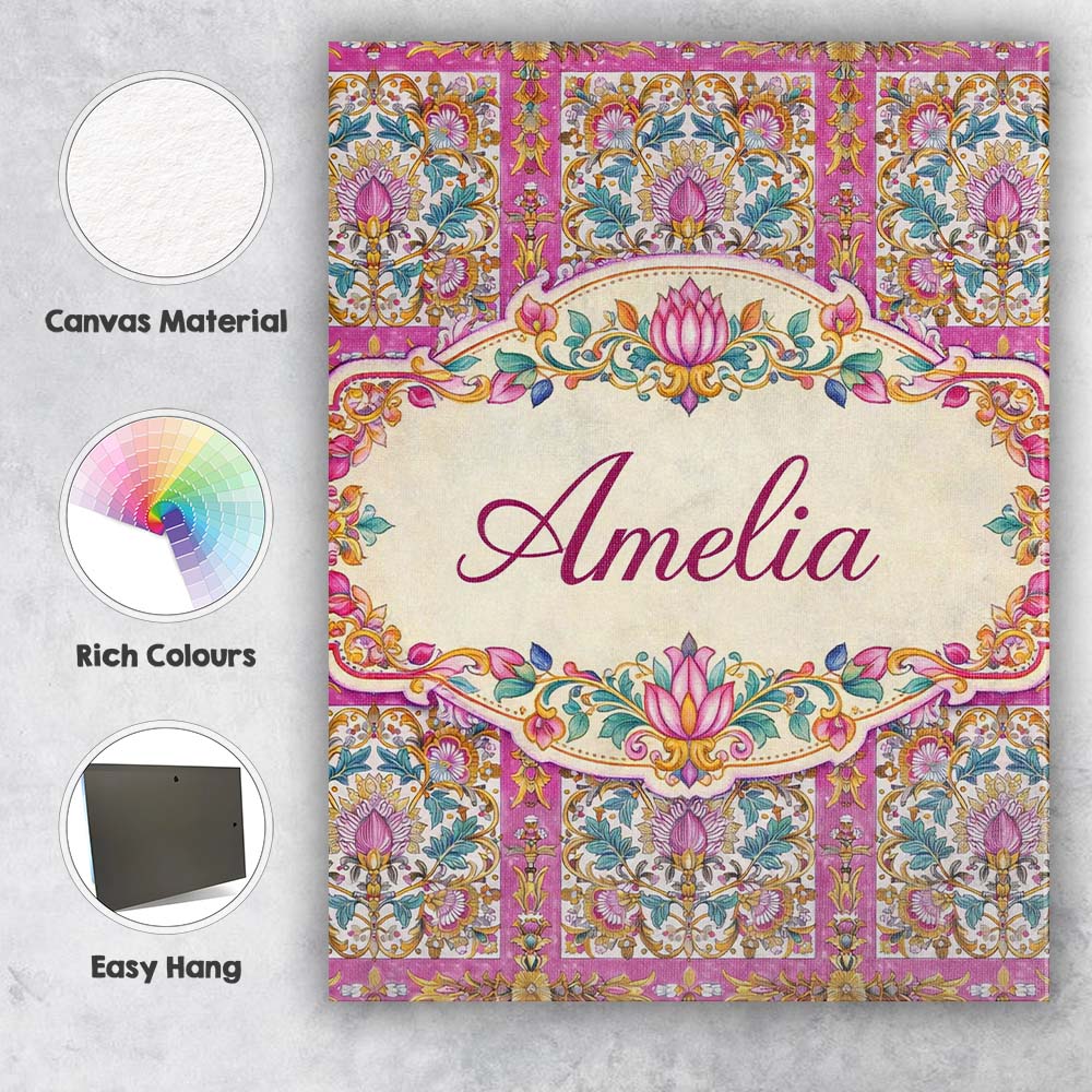 Personalised Name Ornate Pink Gold Baroque Floral Tile Pattern Custom Modern Room Accent Canvas Wall Art Print Decor Picture Ready to Hang