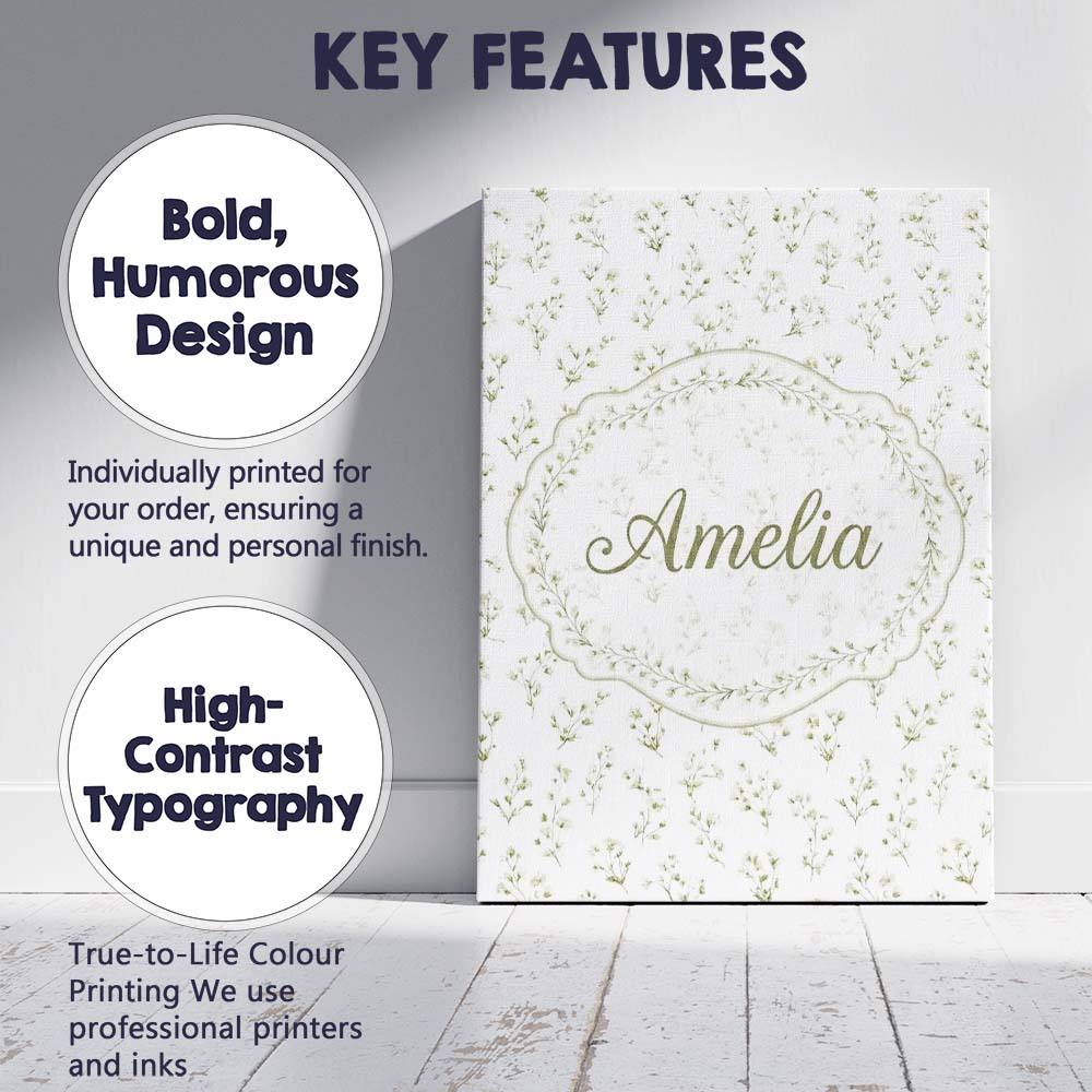 Personalised Name Delicate White Floral Custom Modern Room Accent Elegant Feature Canvas Wall Art Print Decor Picture Ready to Hang