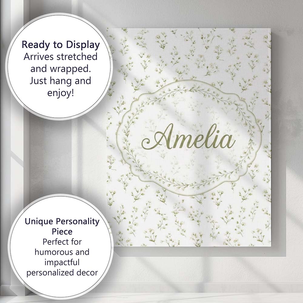 Personalised Name Delicate White Floral Custom Modern Room Accent Elegant Feature Canvas Wall Art Print Decor Picture Ready to Hang
