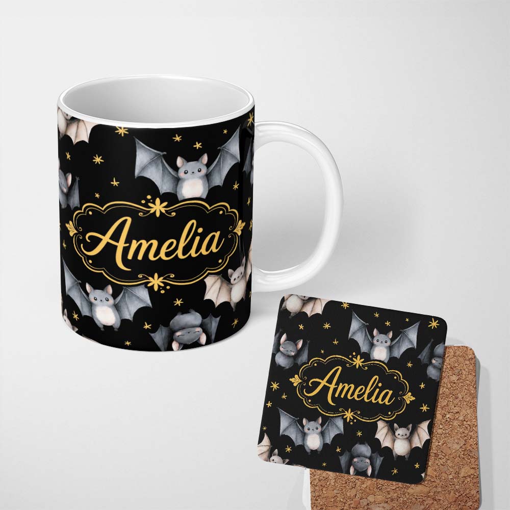 Personalized Custom Name Cute Watercolor Bats and Stars Seamless Halloween Pattern Black 11oz Ceramic Coffee Tea Mug White Large Handle