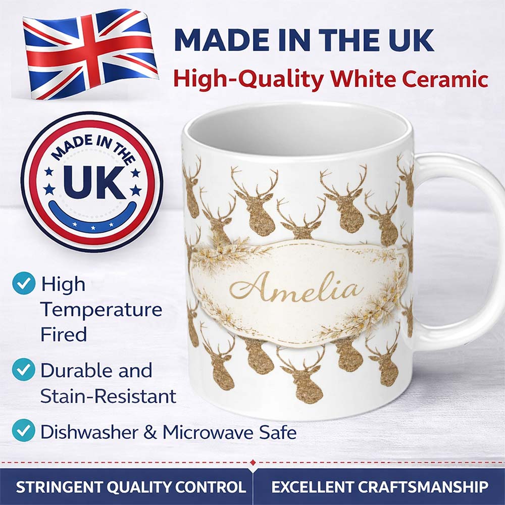 Personalized Custom Name Gold Glitter Deer Seamless Pattern Thoughtful Gift Idea Lovely 11oz Ceramic Coffee Tea Mug White Large Handle