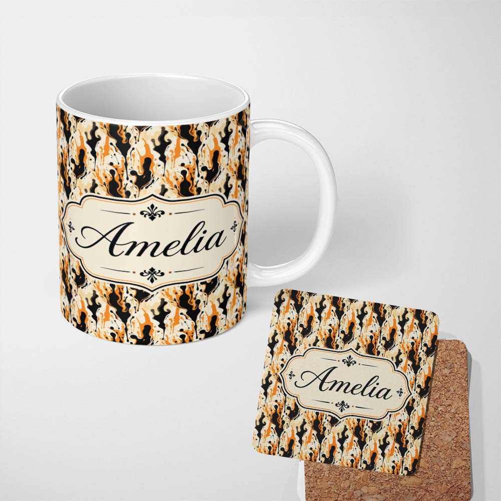 Personalized Custom Name Orange Black Liquid Marble Abstract Flow Seamless Pattern Lovely 11oz Ceramic Coffee Tea Mug White Large Handle