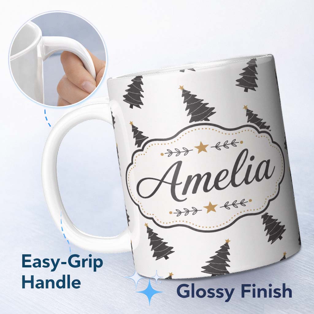 Personalized Custom Name Minimal Black Christmas Trees Gold Star Seamless Pattern Lovely 11oz Ceramic Coffee Tea Mug White Large Handle