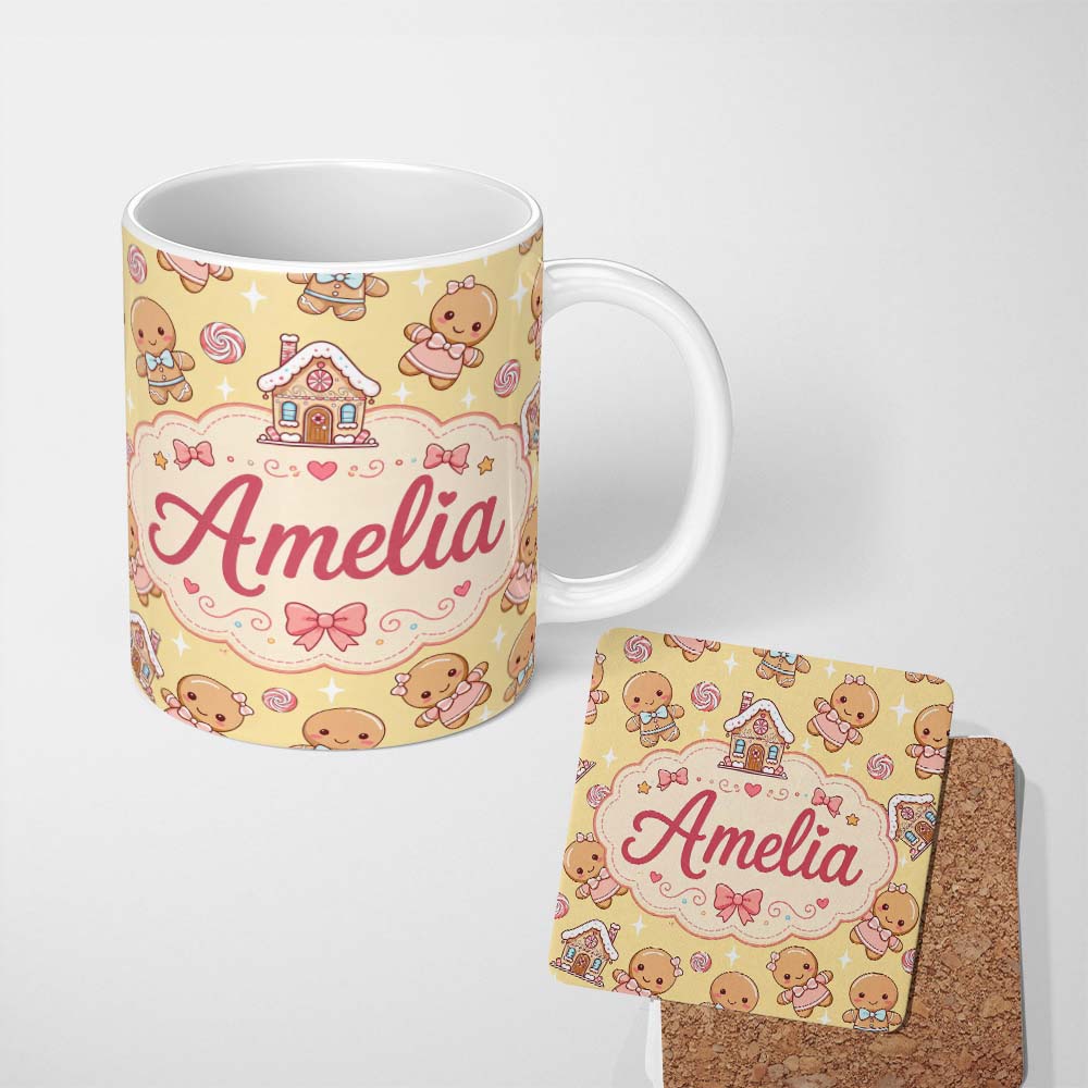 Personalized Custom Name Cute Christmas Gingerbread Characters Candy House Pattern Yellow 11oz Ceramic Coffee Tea Mug White Large Handle