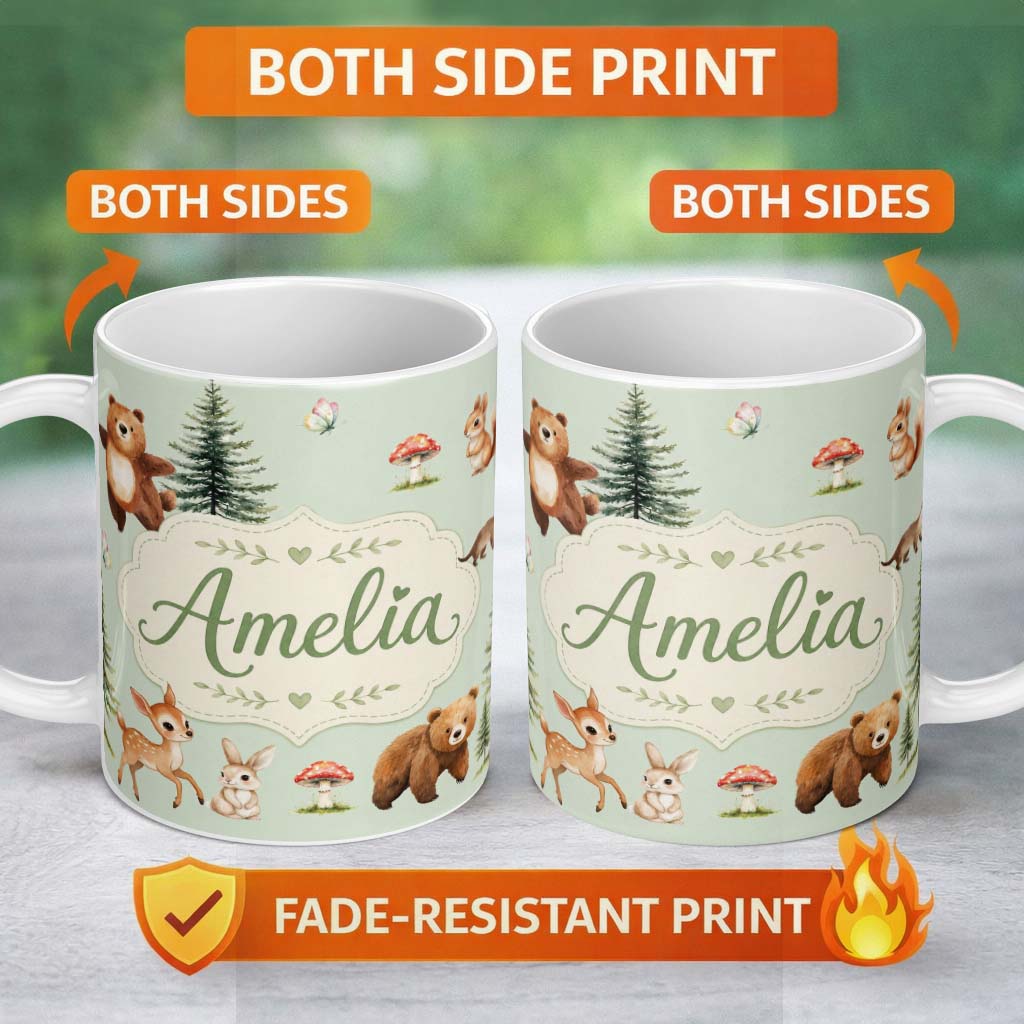 Personalized Custom Name Bear Bunny Squirrel Trees Mushrooms Butterfly Soft Sage Seamless 11oz Ceramic Coffee Tea Mug White Large Handle
