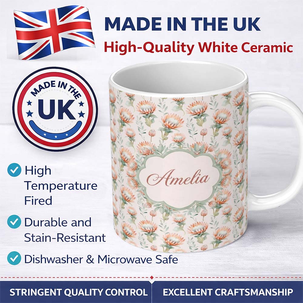 Personalized Custom Name Pastel Protea Flowers with Minimal Leaves Seamless Pattern Lovely 11oz Ceramic Coffee Tea Mug White Large Handle