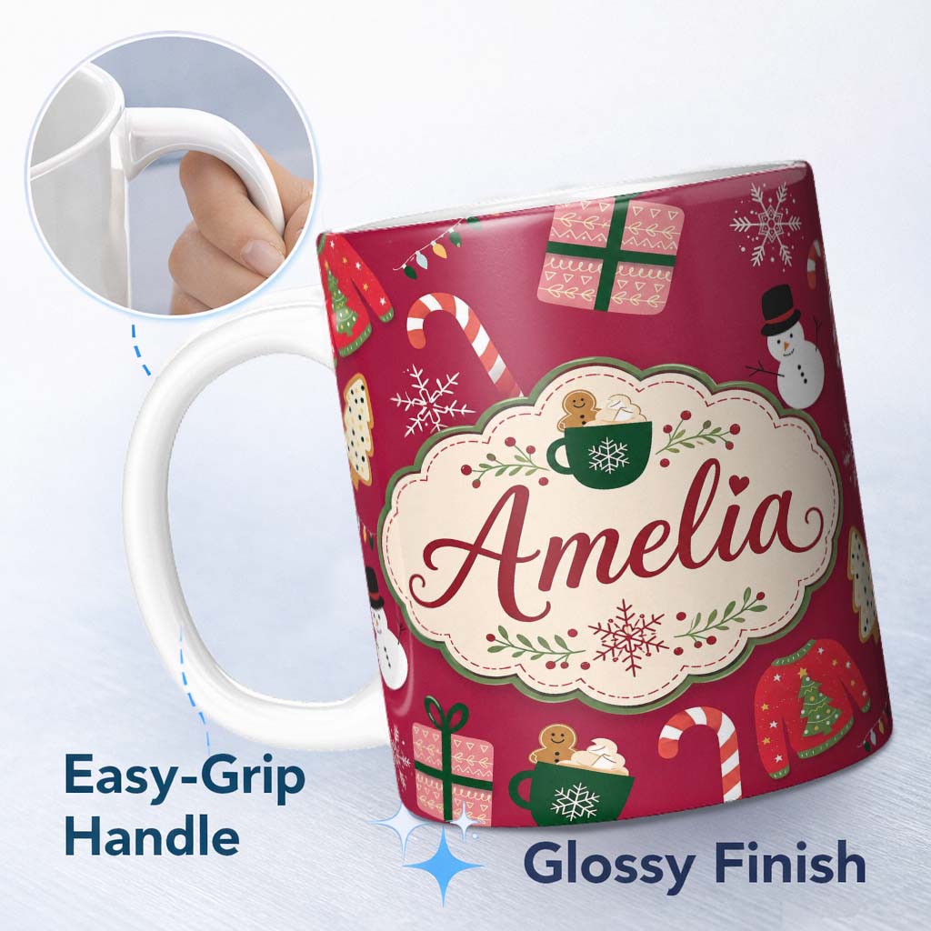 Personalized Custom Name Cute Christmas Sweater Snowman Candy Cane Gifts Seamless Pattern 11oz Ceramic Coffee Tea Mug White Large Handle