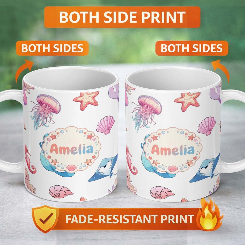 Personalized Custom Name Mermaid Ocean Friends Jellyfish Starfish Grey Background Lovely 11oz Ceramic Coffee Tea Mug White Large Handle