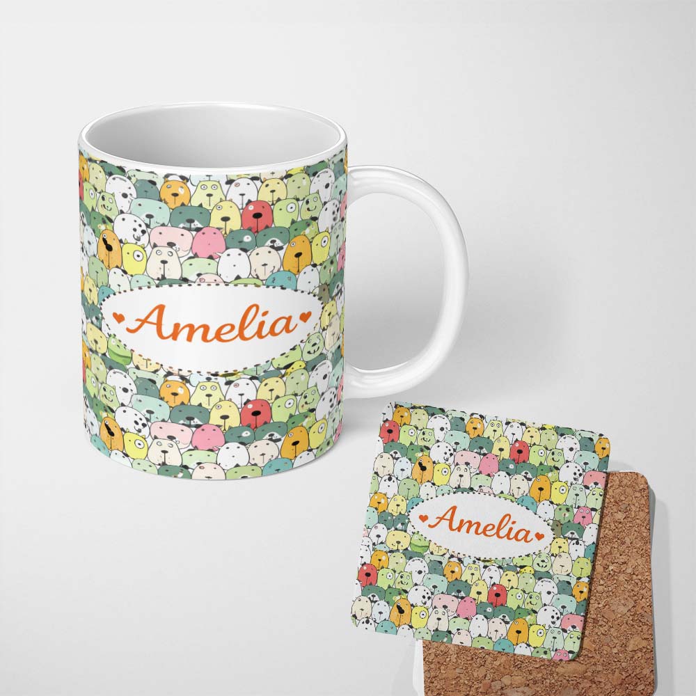 Personalized Custom Name Cute Cartoon Dogs Crowd Multicolour Seamless Pattern Lovely 11oz Ceramic Coffee Tea Mug White Large Handle