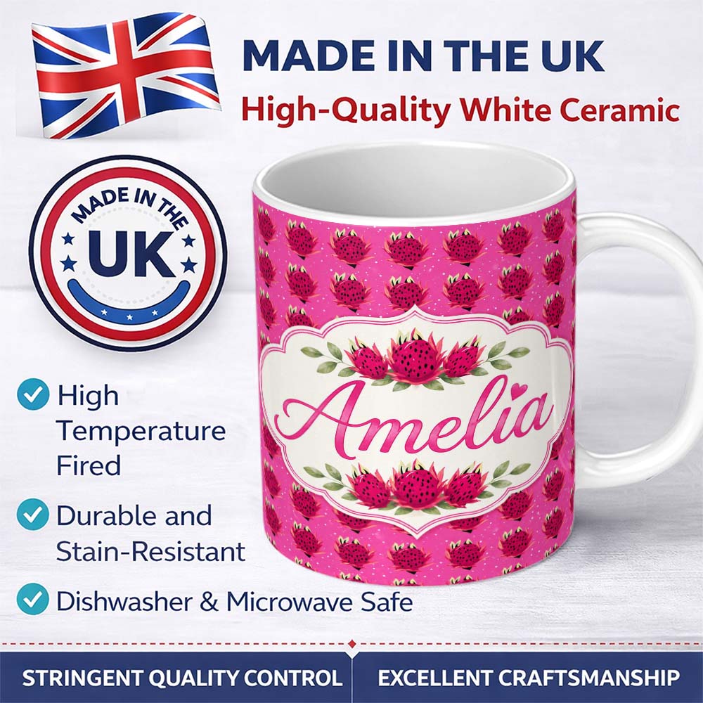 Personalized Custom Name Small Dragon Fruit Repeat Pattern on Pink Background Lovely 11oz Ceramic Coffee Tea Mug White Large Handle
