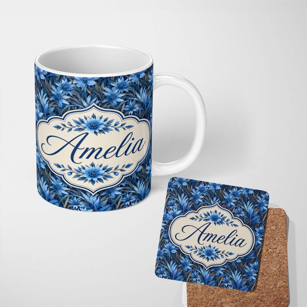 Personalized Custom Name Blue Floral Botanical Dense Garden Seamless Pattern Cute Unique Gift 11oz Ceramic Coffee Tea Mug White Large Handle