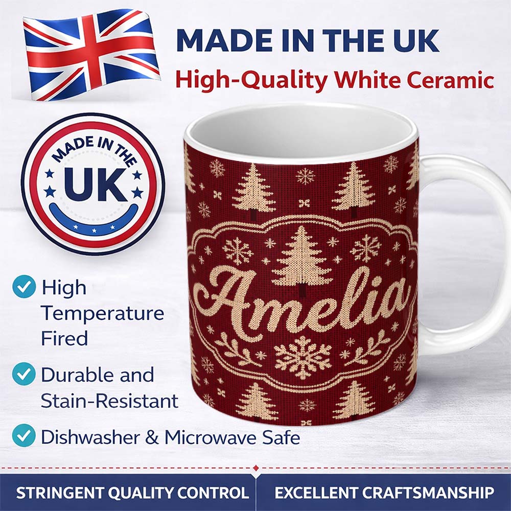 Personalized Custom Name Vintage Knitted Christmas Tree Snowflake Seamless Pattern Lovely 11oz Ceramic Coffee Tea Mug White Large Handle