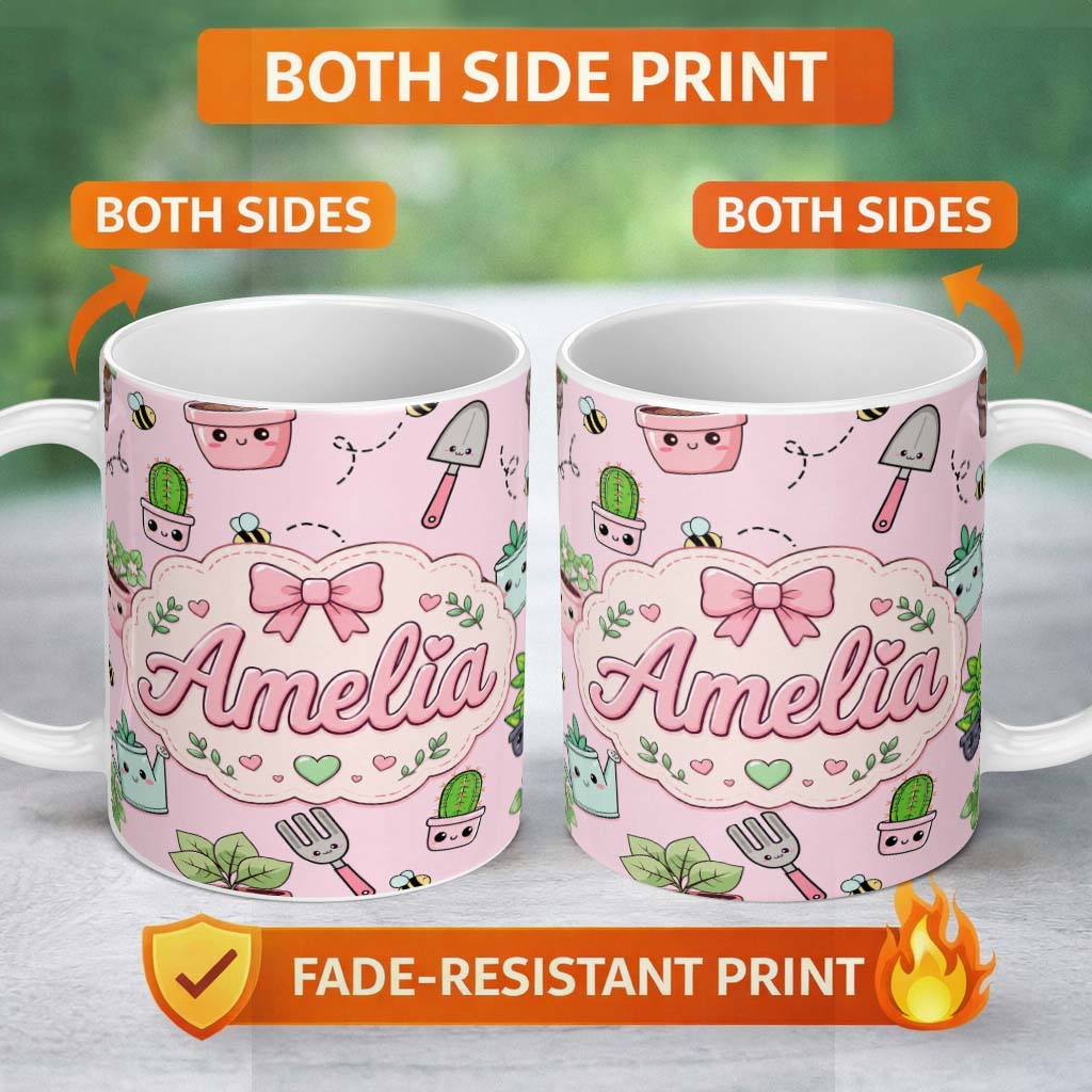 Personalized Custom Name Cute Kawaii Garden Tools Plants Bees Seamless Pattern Blush Lovely 11oz Ceramic Coffee Tea Mug White Large Handle