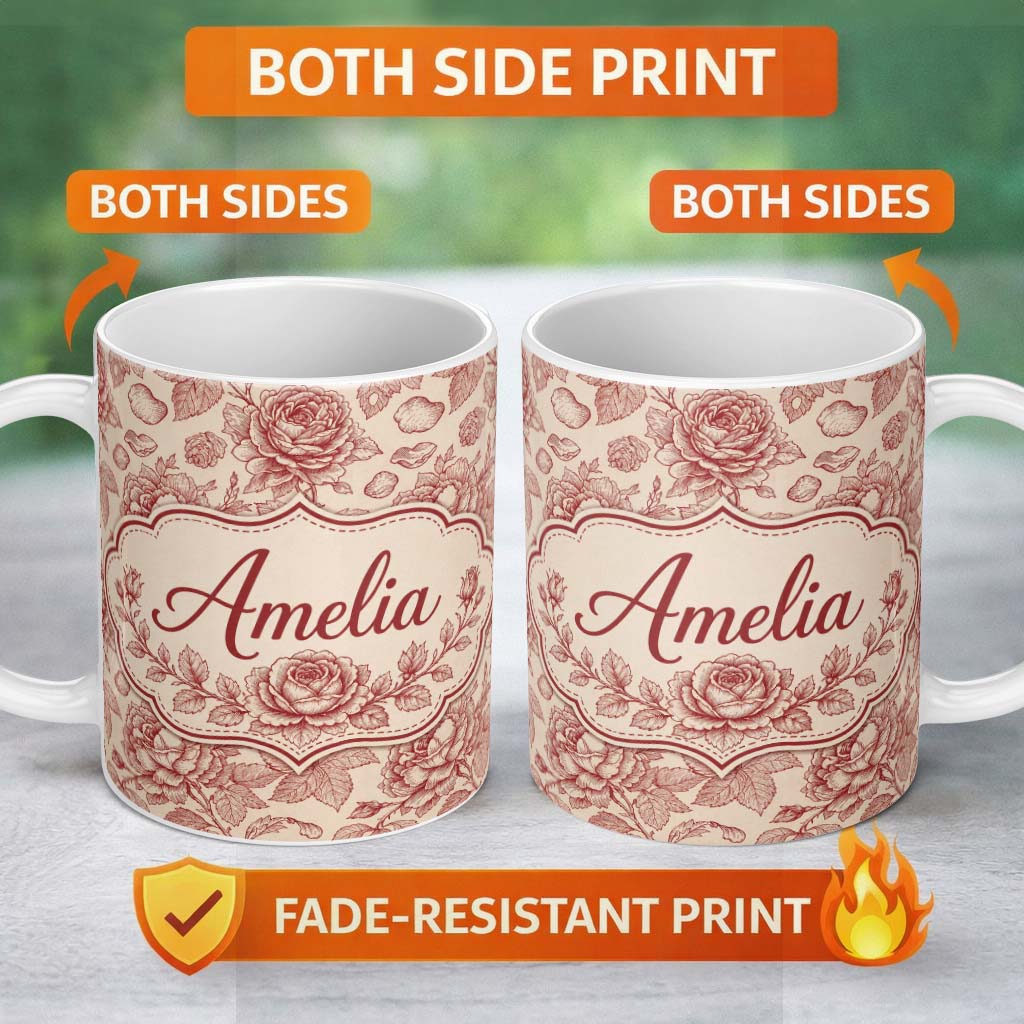 Personalized Custom Name Vintage Red Rose Floral Sketch Seamless Pattern Design Elegant 11oz Ceramic Coffee Tea Mug White Large Handle