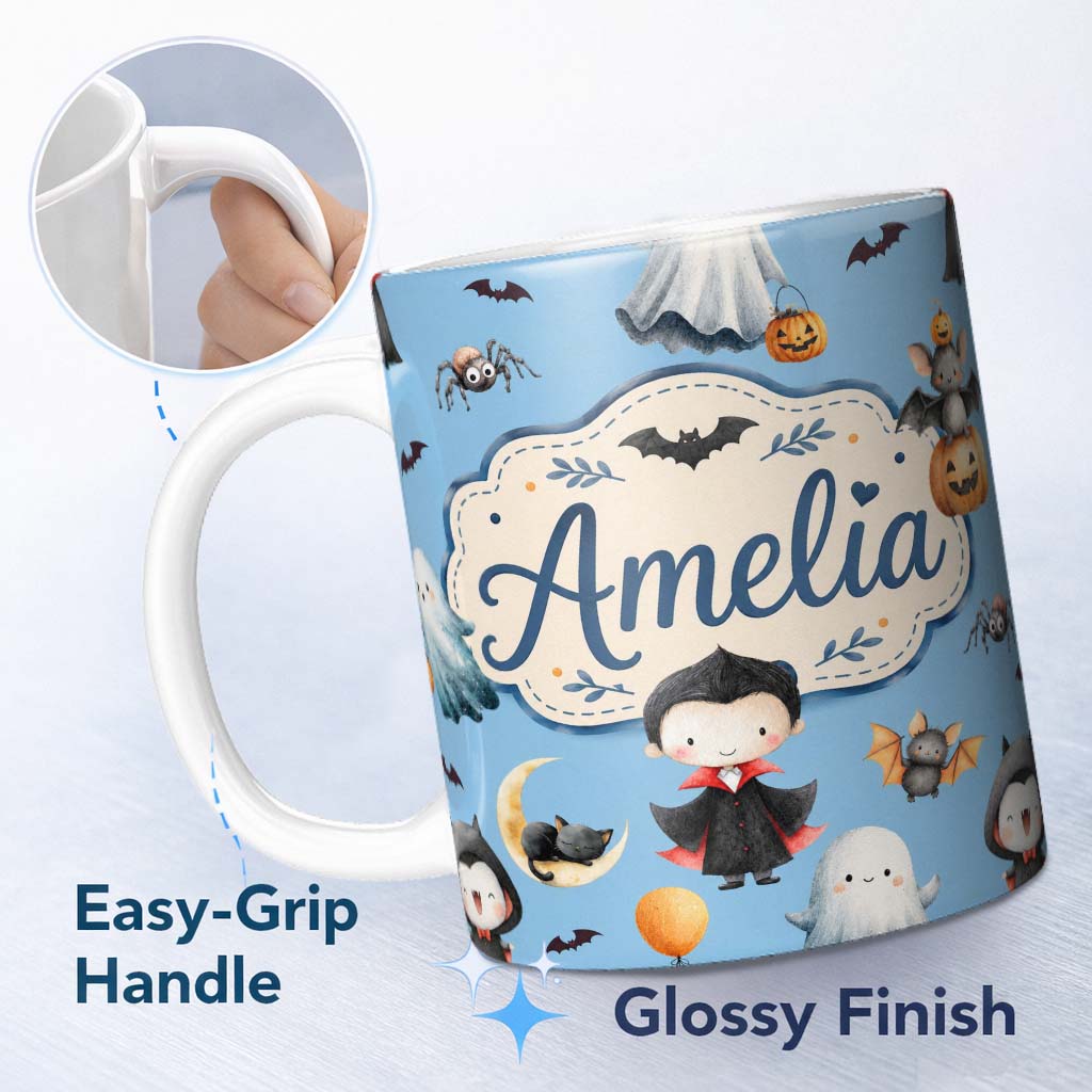 Personalized Custom Name Cute Halloween Vampire Ghost Bats Spooky Blue Background Seamless 11oz Ceramic Coffee Tea Mug White Large Handle