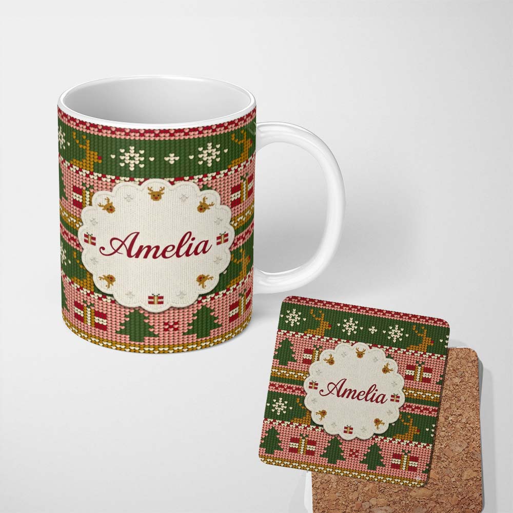 Personalized Custom Name Scandinavian Deer Gift Snowflake Knit Green Pink Christmas Festive 11oz Ceramic Coffee Tea Mug White Large Handle