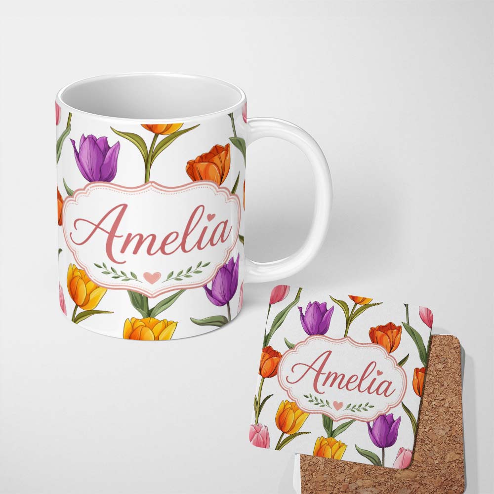 Personalized Custom Name Colorful Tulip Flowers White Background Spring Floral Seamless 11oz Ceramic Coffee Tea Mug White Large Handle