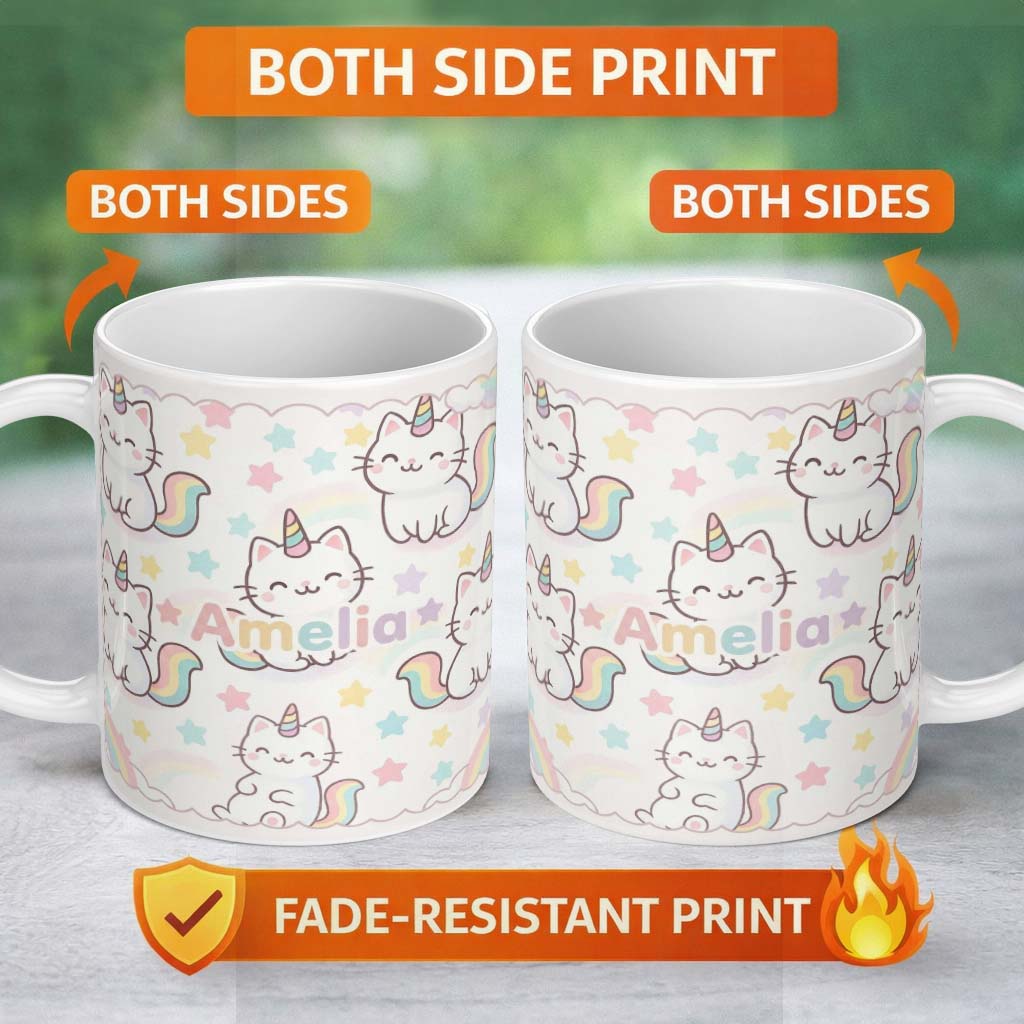 Personalized Custom Name Cute Rainbow Unicorn Cat Cartoon Animal Pattern Perfect Gift for Her 11oz Ceramic Coffee Tea Mug White Large Handle