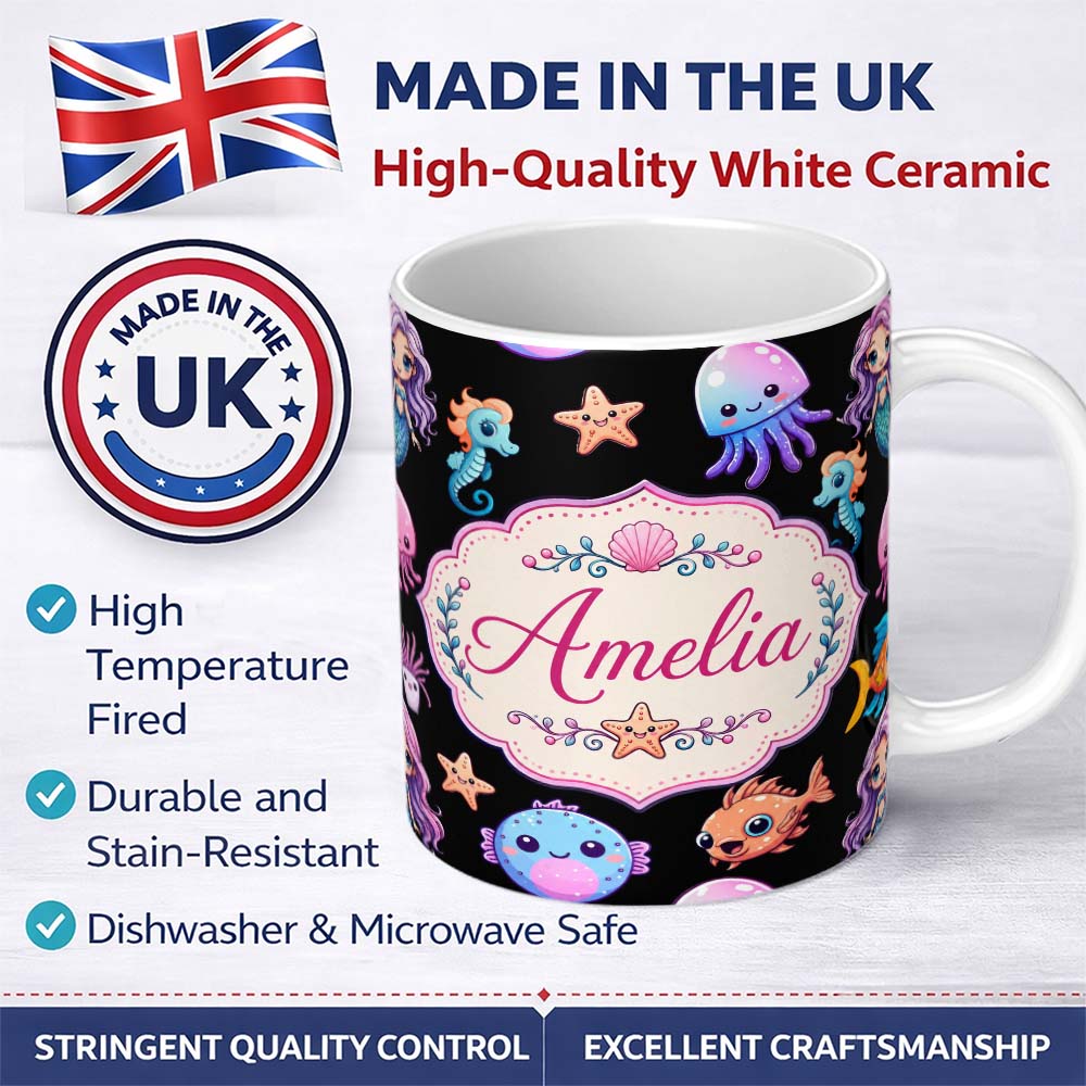 Personalized Custom Name Cute Kawaii Mermaid and Sea Creatures Seamless Ocean Pattern on 11oz Ceramic Coffee Tea Mug White Large Handle
