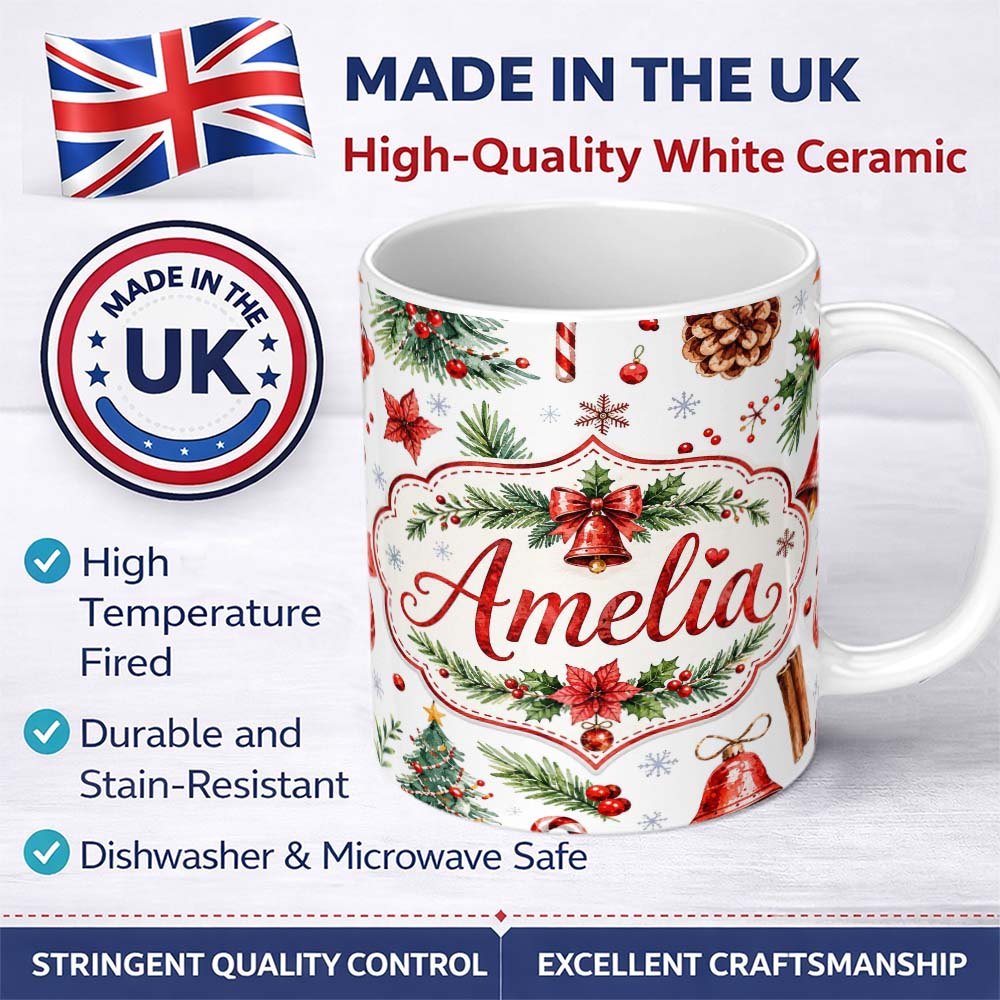 Personalized Custom Name Watercolor Christmas Santa Hat Tree Branches Snowflakes Festive 11oz Ceramic Coffee Tea Mug White Large Handle