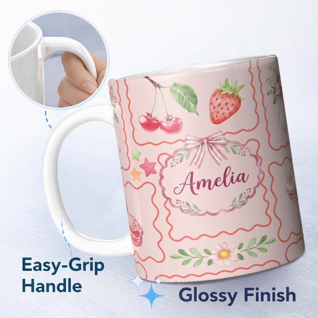 Personalized Custom Name Watercolor Cherry Strawberry Bow Macaron Dessert Frame Blush Pink 11oz Ceramic Coffee Tea Mug White Large Handle