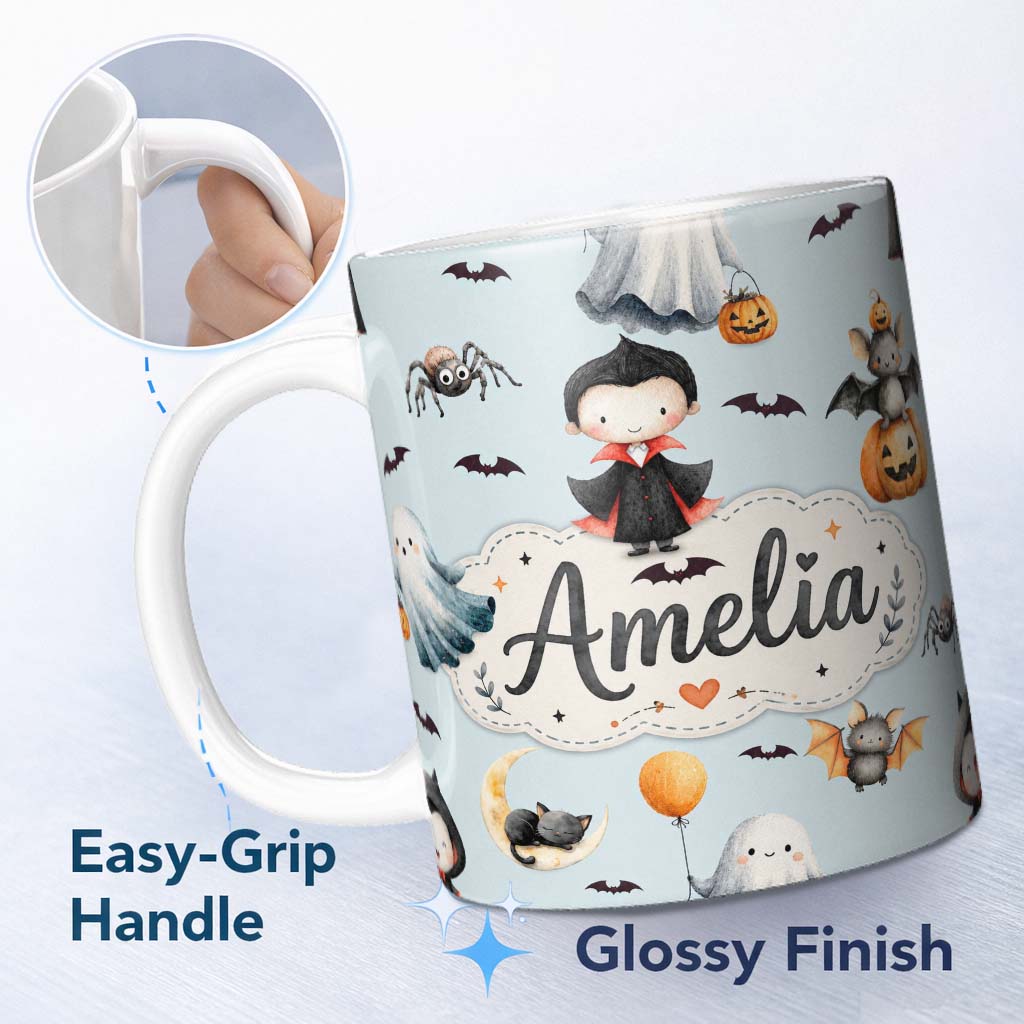 Personalized Custom Name Halloween Vampire Ghost Bats Spooky Characters Pale Blue Seamless 11oz Ceramic Coffee Tea Mug White Large Handle