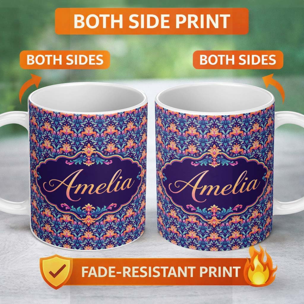 Personalized Custom Name Vibrant Ornate Floral Damask with Bold Orange and Teal Seamless 11oz Ceramic Coffee Tea Mug White Large Handle