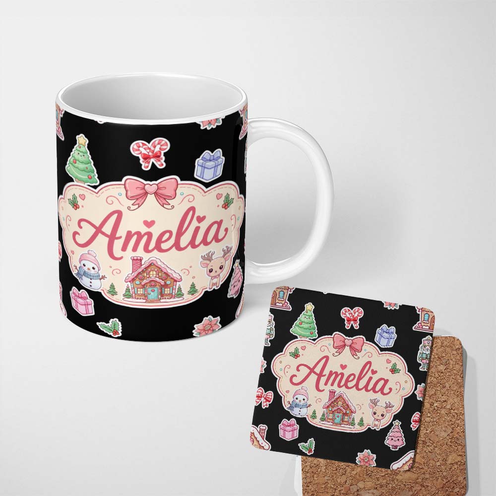 Personalized Custom Name Cute Christmas Festive Stickers Snowman Tree House Pattern Black 11oz Ceramic Coffee Tea Mug White Large Handle