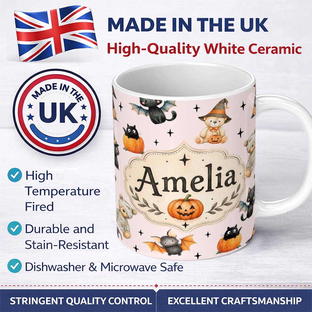 Personalized Custom Name Cute Halloween Teddy Bears Mummy Witch Cat Pumpkin Stars Pink Lovely 11oz Ceramic Coffee Tea Mug White Large Handle