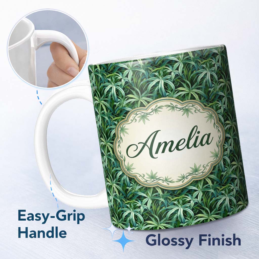 Personalized Custom Name Soft Sage Botanical Leaves Minimal Seamless Pattern Cute Unique Gift 11oz Ceramic Coffee Tea Mug White Large Handle