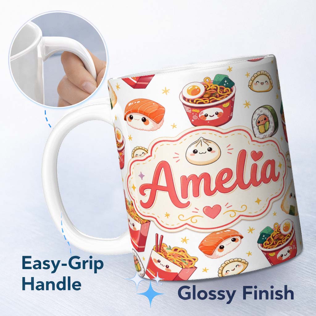 Personalized Custom Name Cute Kawaii Sushi Ramen Dumpling Food White Background Seamless 11oz Ceramic Coffee Tea Mug White Large Handle