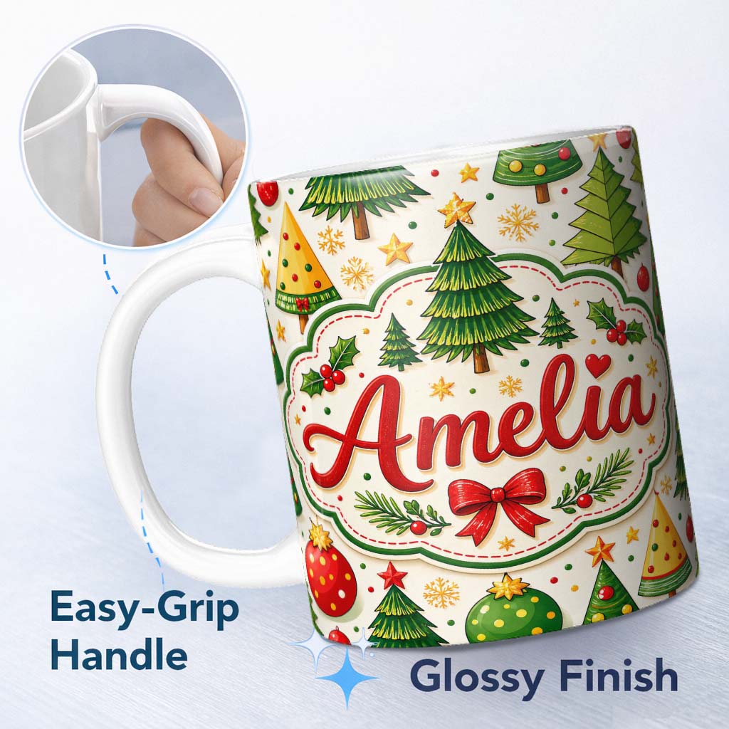 Personalized Custom Name Stylized Christmas Trees with Baubles and Ornaments Cute Seamless 11oz Ceramic Coffee Tea Mug White Large Handle