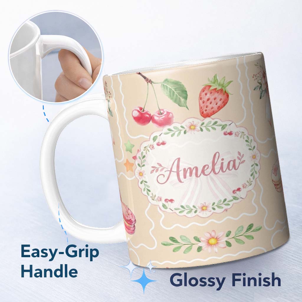 Personalized Custom Name Cute Watercolor Cherry Strawberry Ribbon Bow and Macaron Frame Beige 11oz Ceramic Coffee Tea Mug White Large Handle