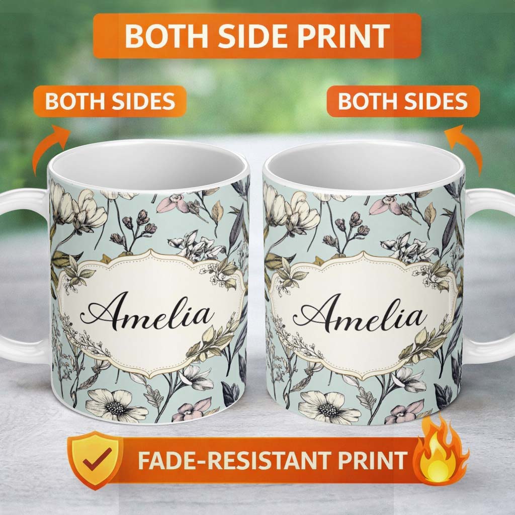 Personalized Custom Name Vintage Botanical Floral Sketch Pattern Blue Background Lovely 11oz Ceramic Coffee Tea Mug White Large Handle
