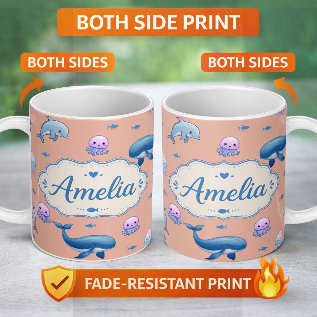 Personalized Custom Name Cute Dolphin Shark and Jellyfish Ocean Animals Peach Background 11oz Ceramic Coffee Tea Mug White Large Handle