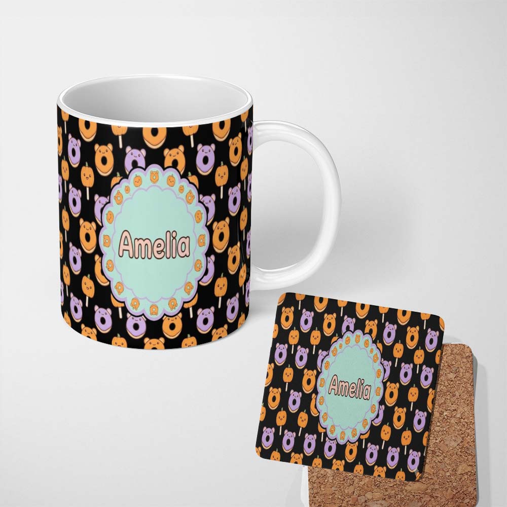 Personalized Custom Name Cute Kawaii Donuts Pumpkin Lollipop Seamless Pattern Light Grey 11oz Ceramic Coffee Tea Mug White Large Handle