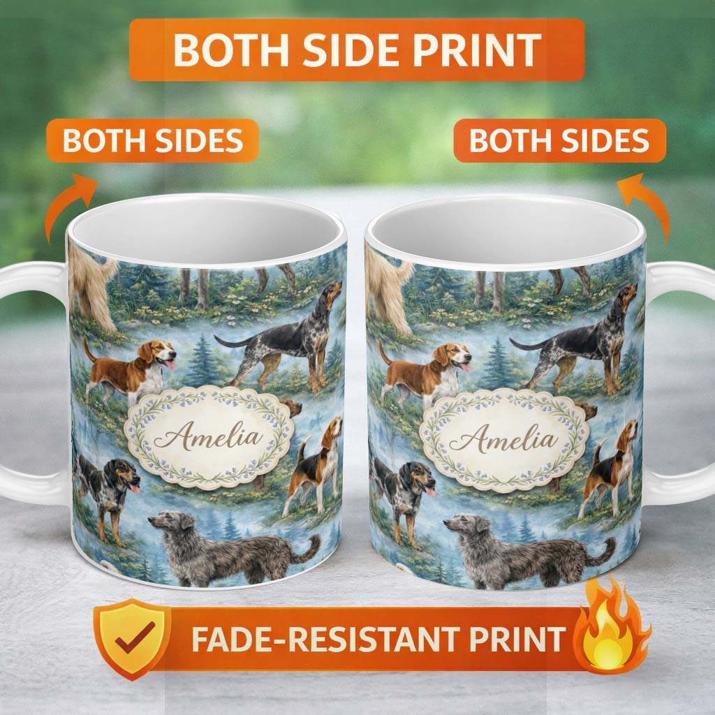 Personalized Custom Name Watercolor Hunting Dogs Forest Nature Seamless Pattern Lovely 11oz Ceramic Coffee Tea Mug White Large Handle