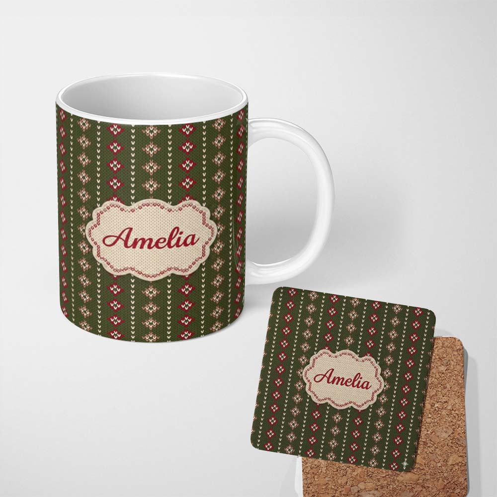 Personalized Custom Name Cute Green Knitted Heart Nordic Minimal Festive Seamless Pattern 11oz Ceramic Coffee Tea Mug White Large Handle