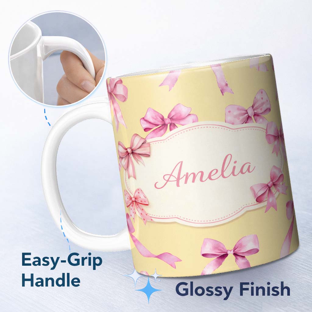 Personalized Custom Name Watercolor Pink Ribbon Bow Seamless Pattern on Warm Yellow Lovely 11oz Ceramic Coffee Tea Mug White Large Handle