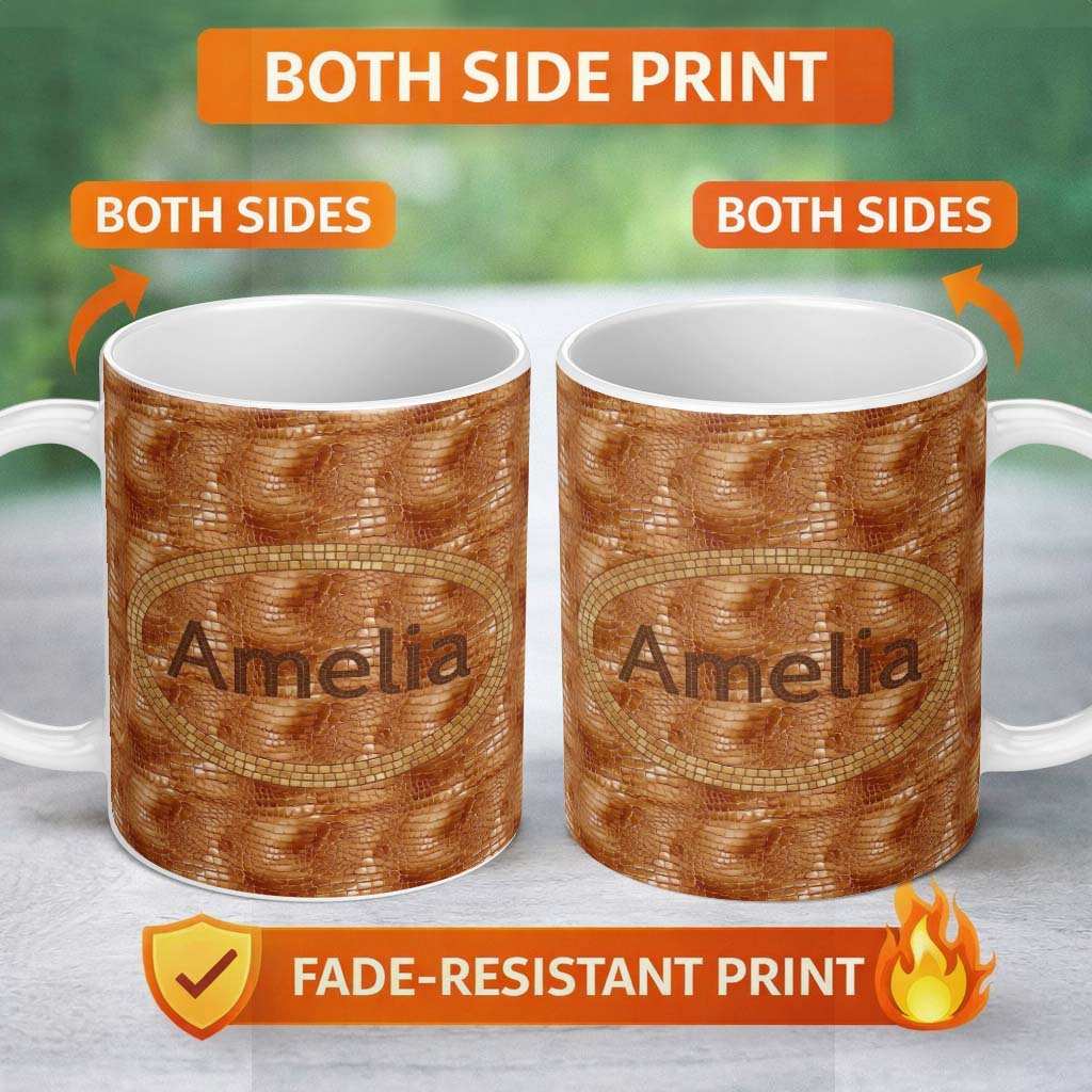 Personalized Custom Name Glossy Tan Crocodile Texture Pattern Premium Leather Look Design 11oz Ceramic Coffee Tea Mug White Large Handle