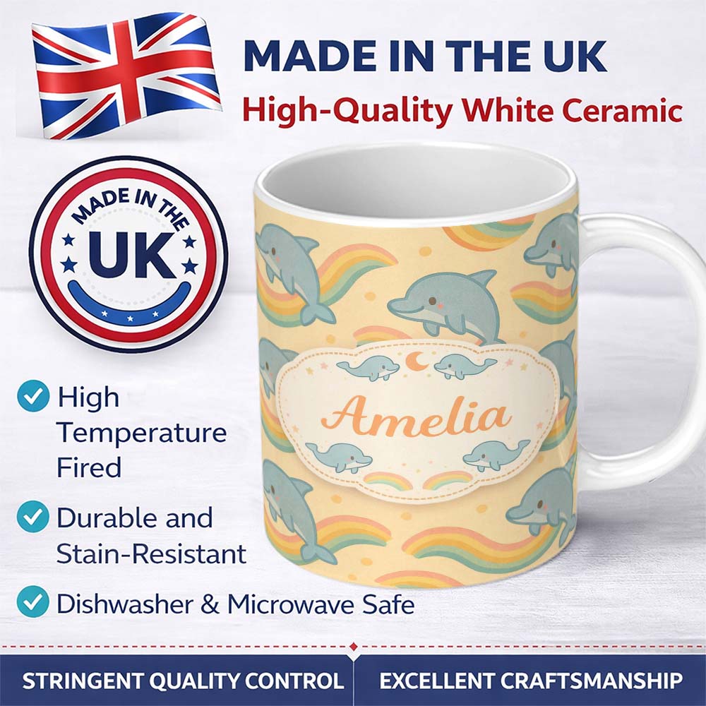 Personalized Custom Name Cute Rainbow Dolphin Cartoon Animal Pattern Thoughtful Gift Idea 11oz Ceramic Coffee Tea Mug White Large Handle