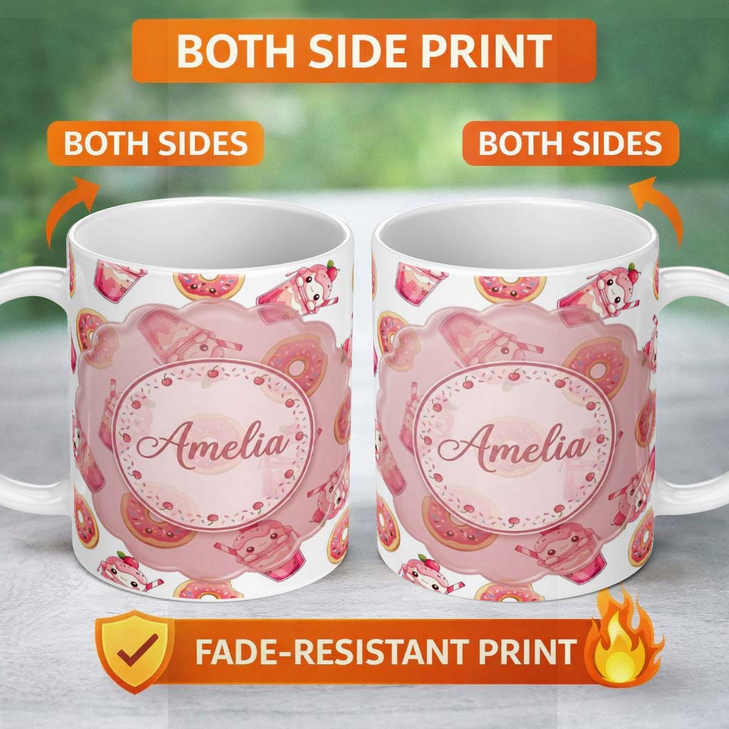Personalized Custom Name Cute Kawaii Donuts and Strawberry Milkshake White Background 11oz Ceramic Coffee Tea Mug White Large Handle