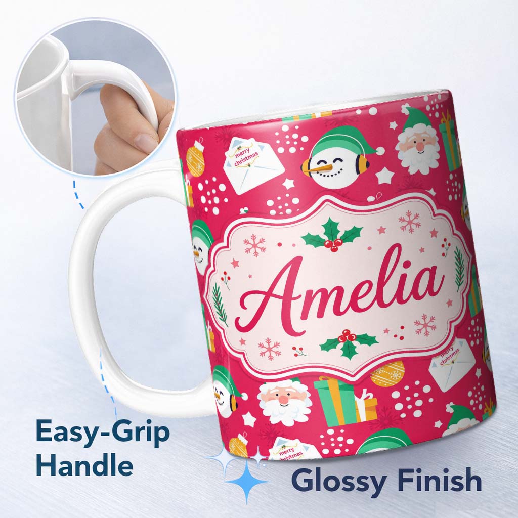 Custom Name Cute Santa Snowman Christmas Letter Gift Seamless Pattern Lovely 11oz Ceramic Coffee Tea Mug White Large Handle