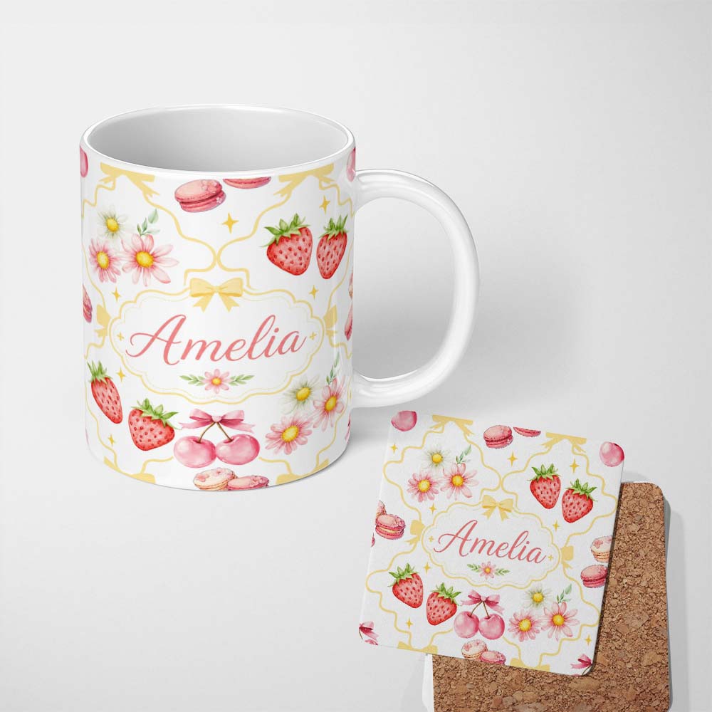 Personalized Custom Name Strawberry Cherry Daisy Floral Bow Sweet Dessert Yellow Outline 11oz Ceramic Coffee Tea Mug White Large Handle