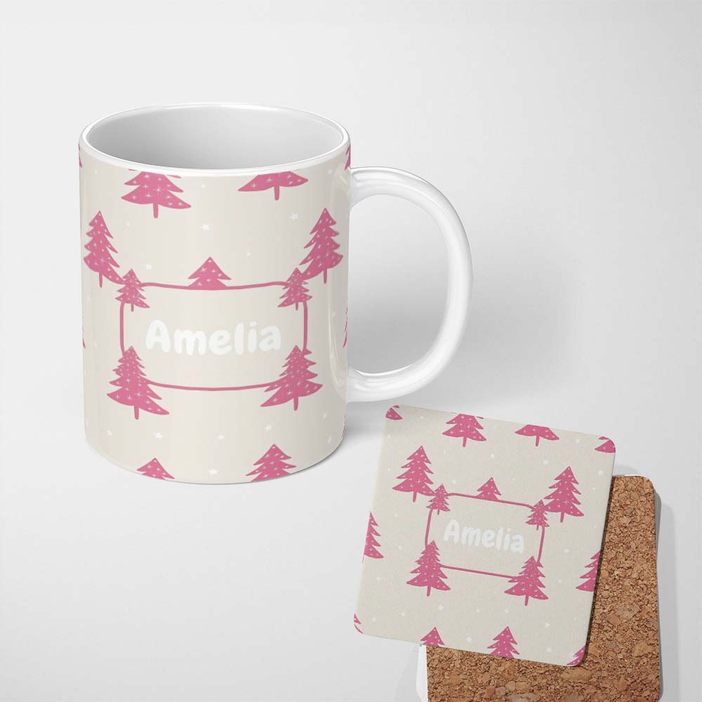 Personalized Custom Name Minimal Pink Christmas Trees Stars Winter Seamless Pattern Lovely 11oz Ceramic Coffee Tea Mug White Large Handle