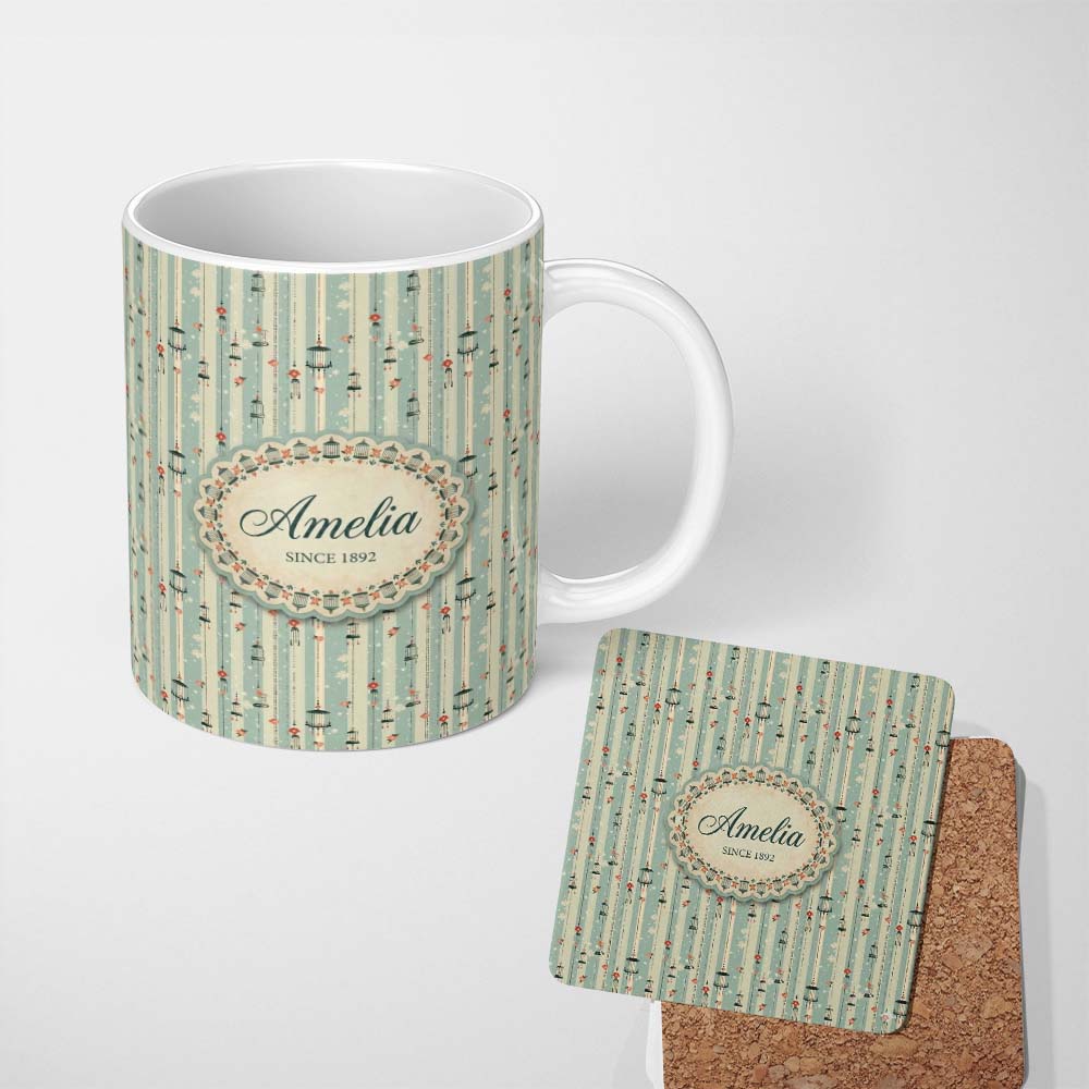 Personalized Custom Name Classic Decorative Birdcages Floral Stripe Seamless Pattern Lovely 11oz Ceramic Coffee Tea Mug White Large Handle